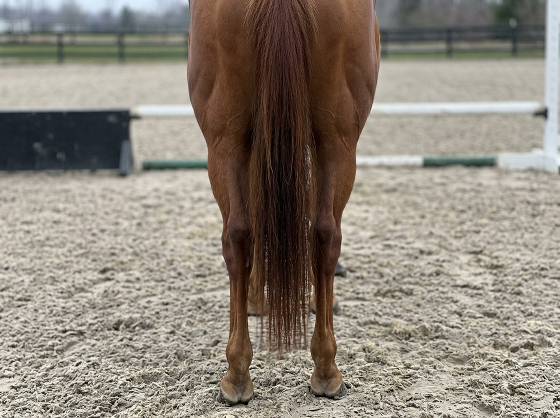 Horse hindquarters and hind legs seen from behind on a sand arena