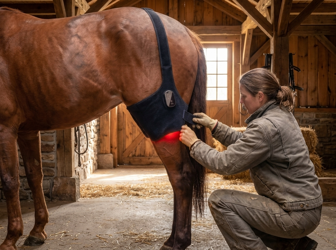 Owner adjusting the HaloHind wrap on her horse's upper hind leg in a barn aisle