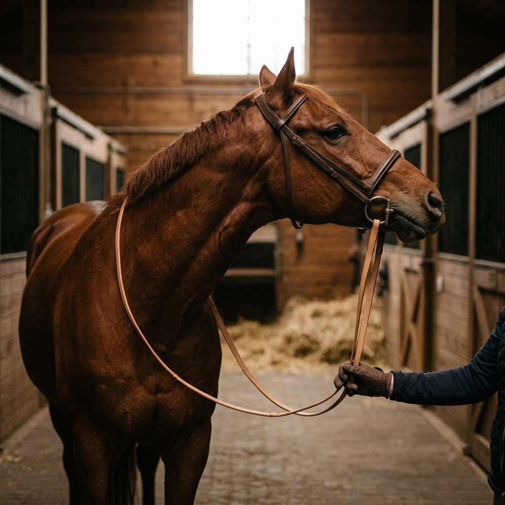 Bridled horse in the stable aisle bracing against light rein contact