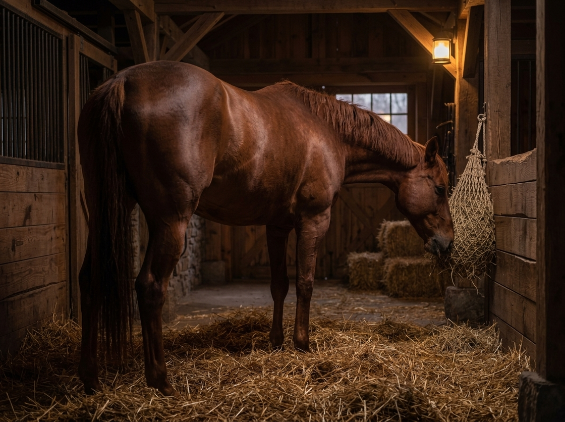 Horse standing quietly in a stall at dusk