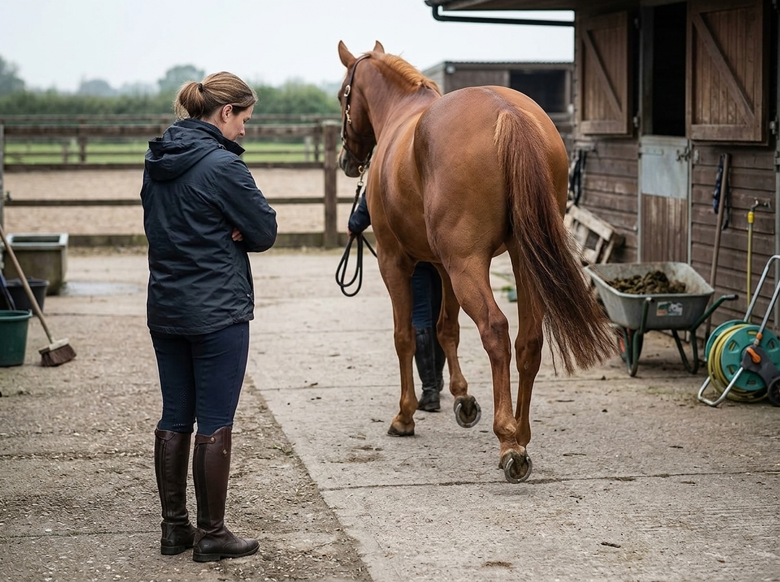 Owner watching her horse trot away in hand on hard standing
