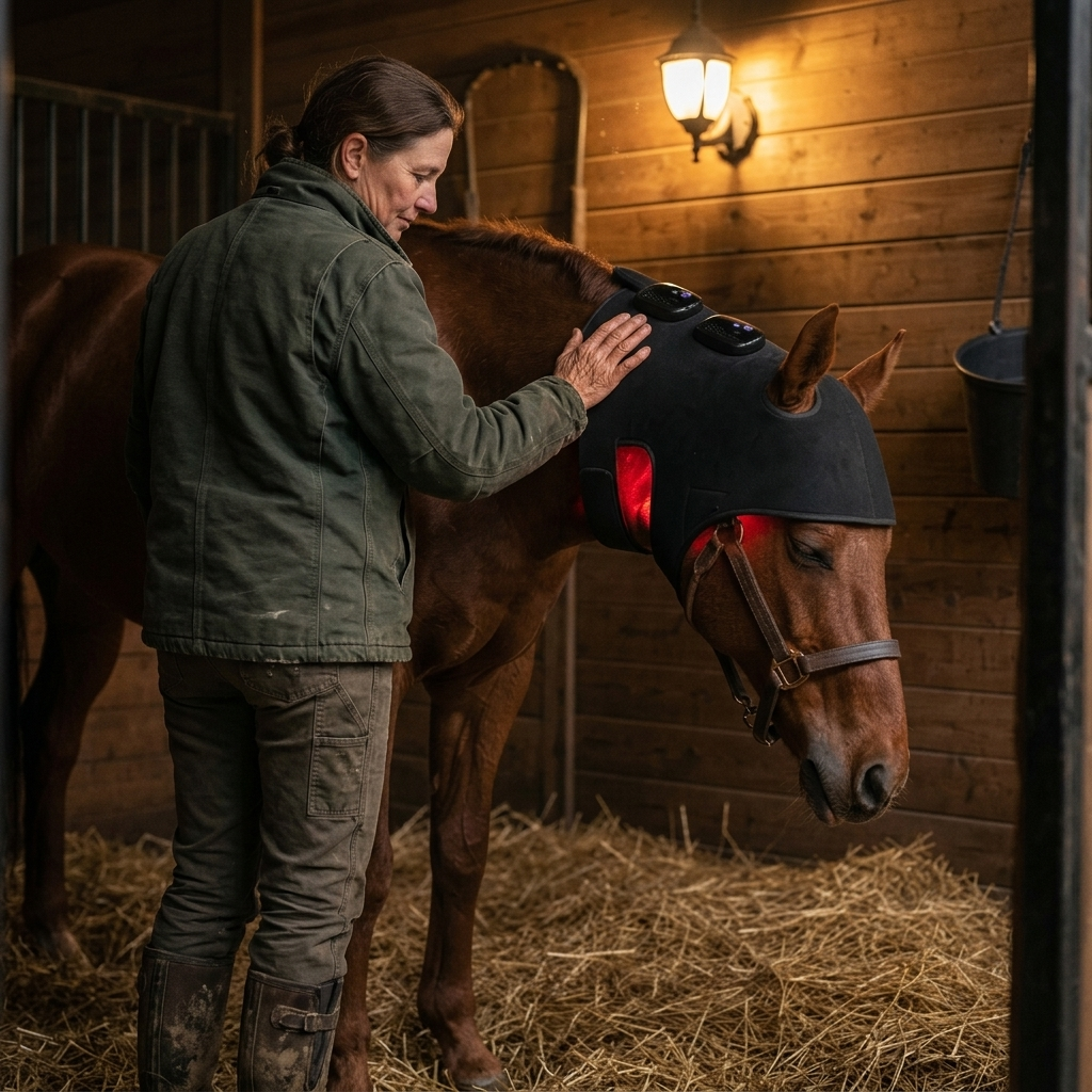 Owner standing with her horse in the evening while he wears the HaloHead
