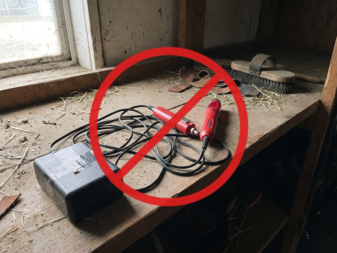 A corded handheld red light pen made for humans with tangled cords and a battery pack, crossed out